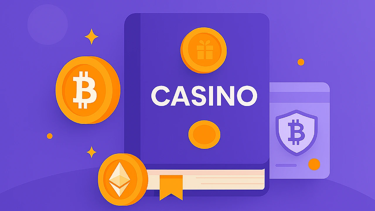 Illustration of a digital casino chip and cryptocurrency coins like Bitcoin and Ethereum on a screen, representing the definition of a crypto sweepstakes casino that uses crypto for purchases and redemptions.