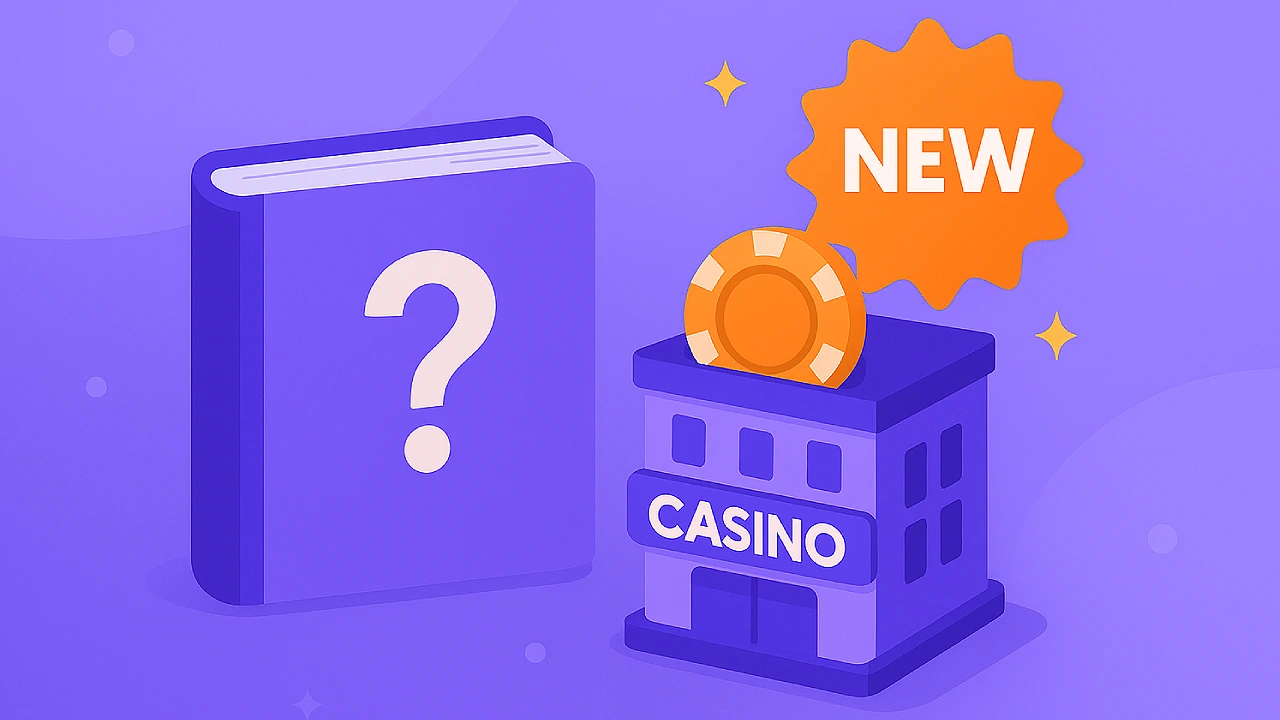 Illustration of a question-mark book next to a casino building with a chip on the roof and a badge labeled NEW, representing the definition of new sweepstakes casinos.
