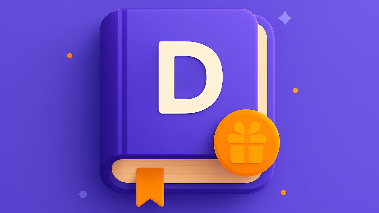 A purple book with a large letter “D” on the cover and an orange bonus coin icon, representing the definition of a sweepstakes casino bonus.