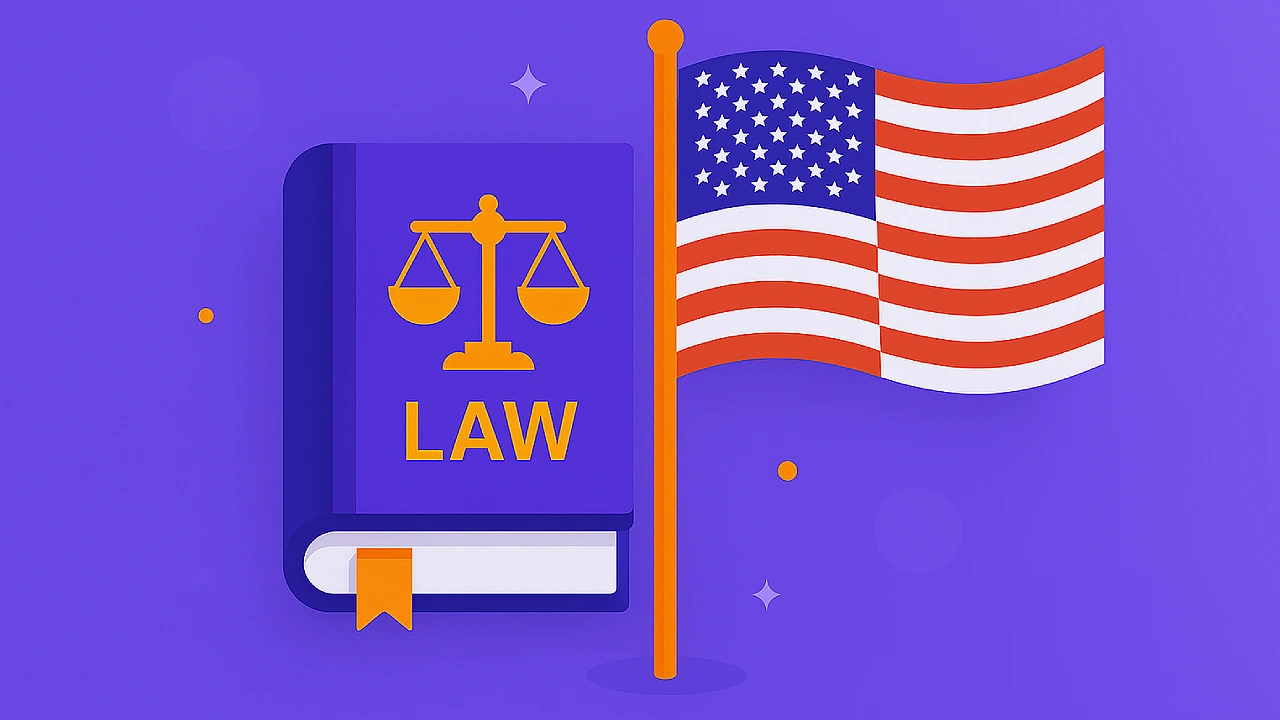 Illustration of a law book with scales of justice next to a U.S. flag, representing federal laws that affect sweepstakes casino operations.