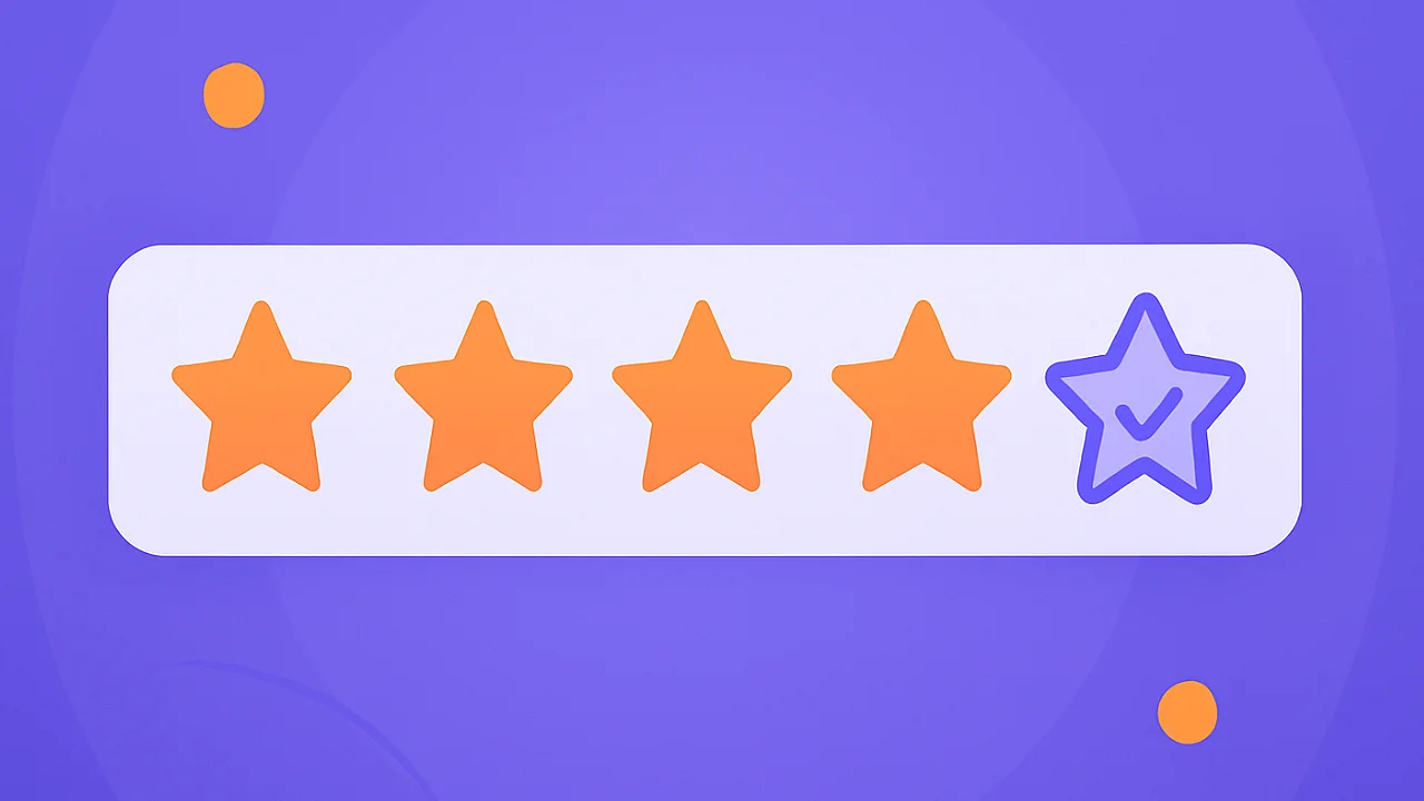 Illustration of a five star rating bar with four solid orange stars and one outlined purple star with a checkmark on a purple background.