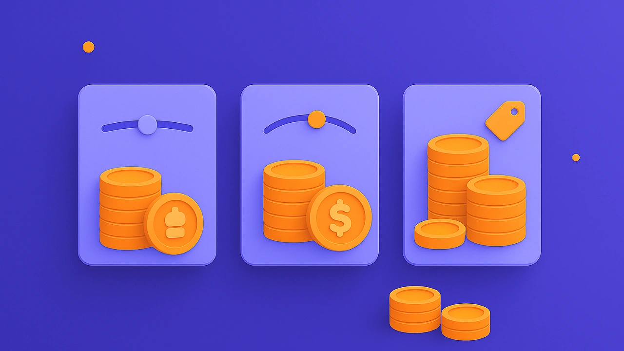 Illustration of three panels with sliders and stacks of coins, representing sweepstakes casinos that offer flexible coin packages.