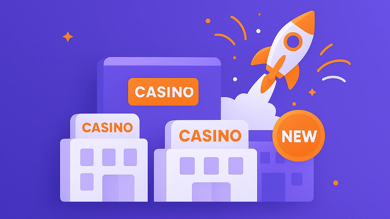 Illustration of several casino buildings with a rocket launching next to a badge labeled New, representing top new sweepstakes casinos just launched.