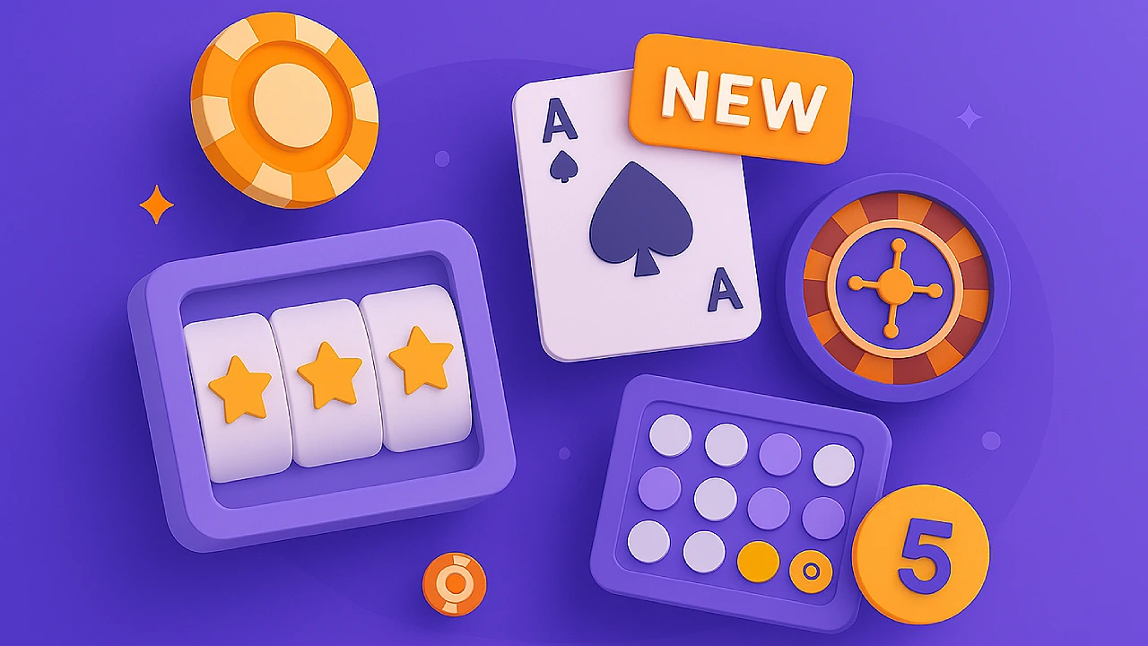 Illustration of casino games labeled NEW, showing slot reels, playing cards, roulette wheel, bingo card, and chips to represent game options at new sweepstakes sites.