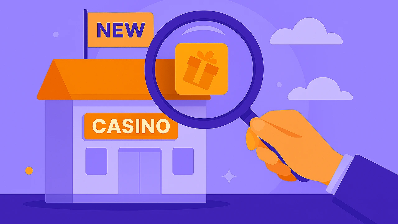 Illustration of a building labeled casino with a NEW flag, while a hand holds a magnifying glass over a gift icon, symbolizing how to evaluate a new sweepstakes casino.