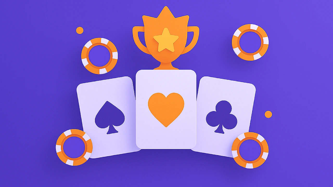 Illustration of a trophy above three playing cards with spade, heart, and club suits surrounded by casino chips, used for a section on sweeps casinos with strong poker options.