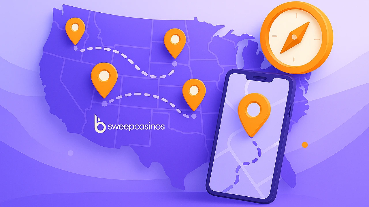 Illustration of a U.S. map with location pins, a compass, and a smartphone showing a route, alongside the SweepCasinos logo, representing local sweepstakes casino state guides.