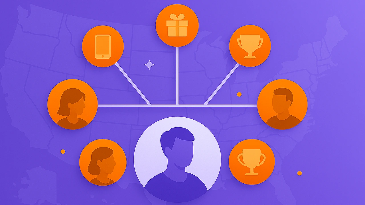 Illustration of different player avatars and icons for prizes, trophies, and mobile play connected across a map of the United States, representing which player types thrive at the newest U.S. sweepstakes casinos.