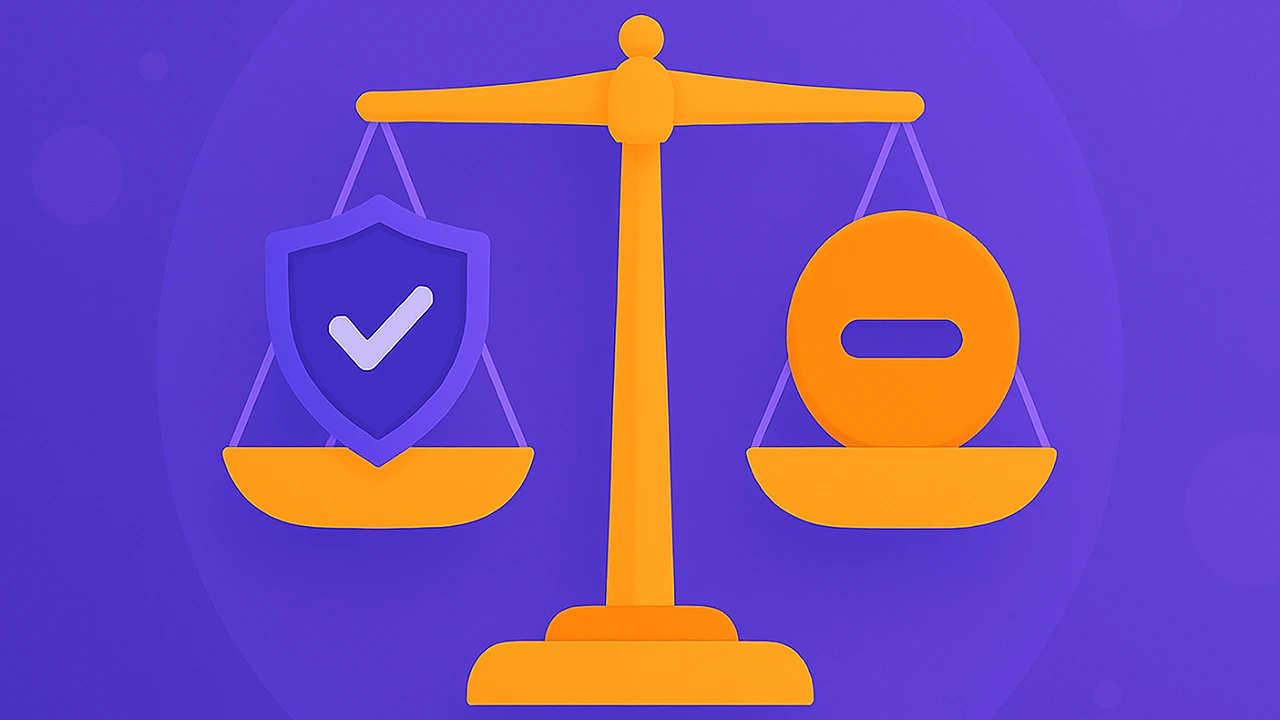 Illustration of a balance scale weighing a check-mark shield against a minus symbol, representing pros and cons of choosing a new sweepstakes casino.