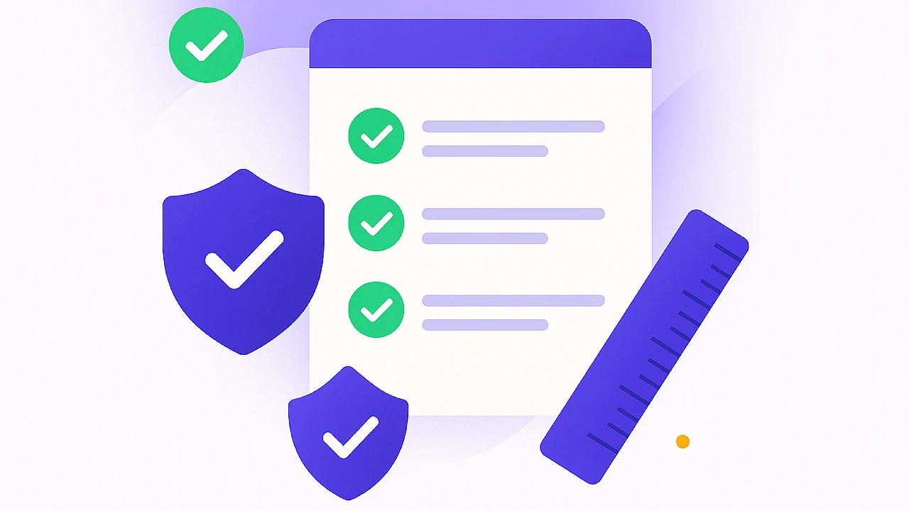 Illustration of a checklist with green checkmarks, security shields, and a measuring ruler, representing the review standards used by SweepCasinos.