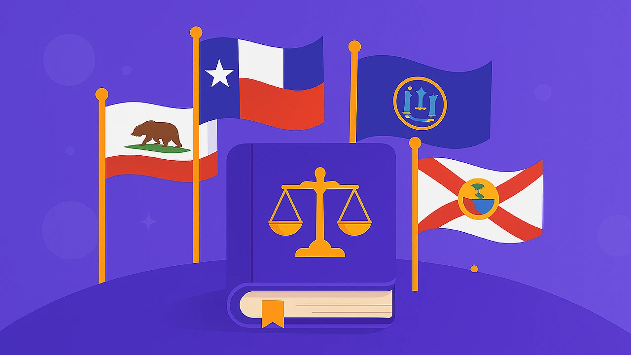 Illustration of a law book with scales of justice surrounded by U.S. state flags, symbolizing the complexity of state sweepstakes laws.