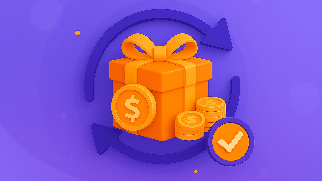 Illustration of a gift box and coin stacks inside a circular arrow next to a clock with a checkmark, representing sweepstakes bonus wagering requirements over time.