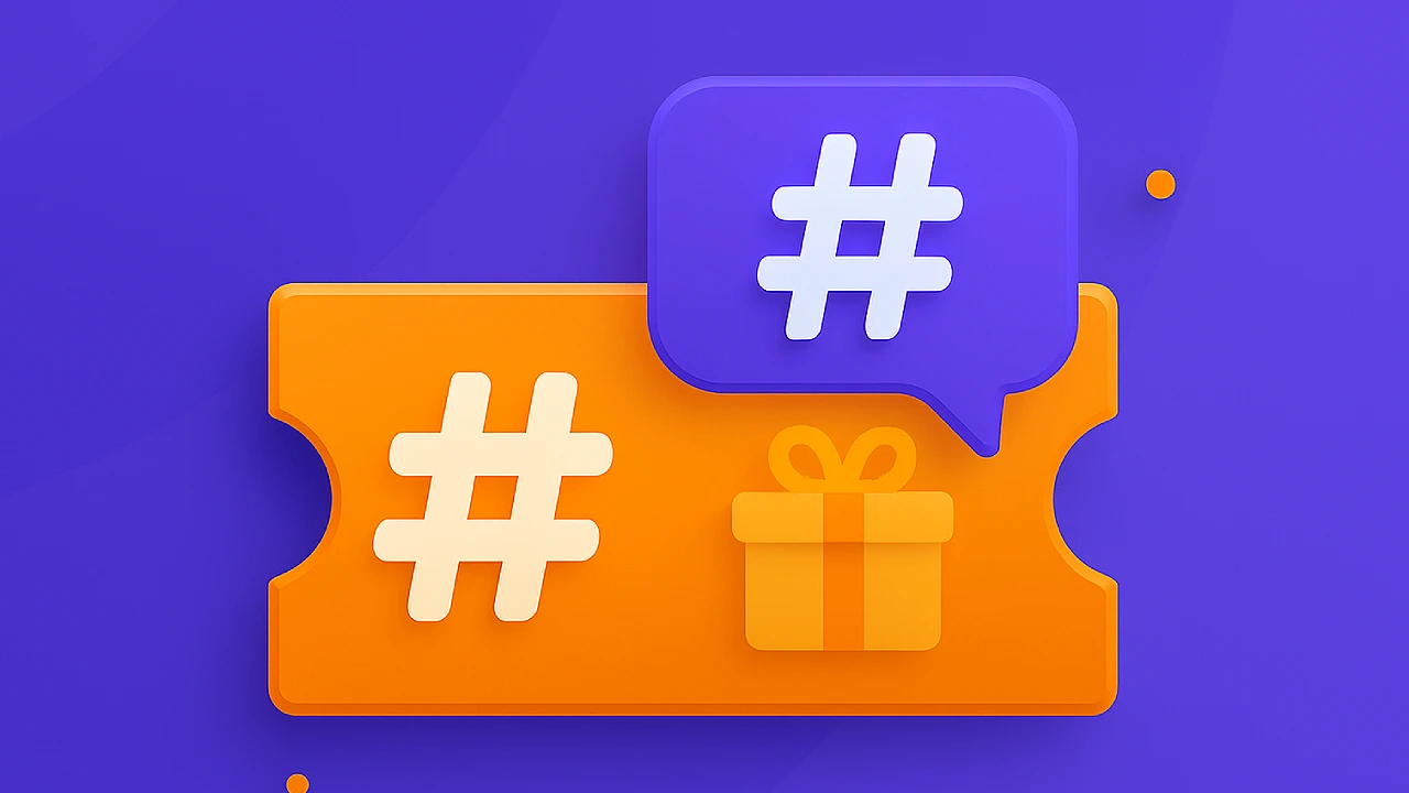 Illustration of an orange ticket with a hashtag symbol and gift icon, plus a purple speech bubble with a hashtag, representing sweepstakes bonuses activated with special keywords or promo codes.