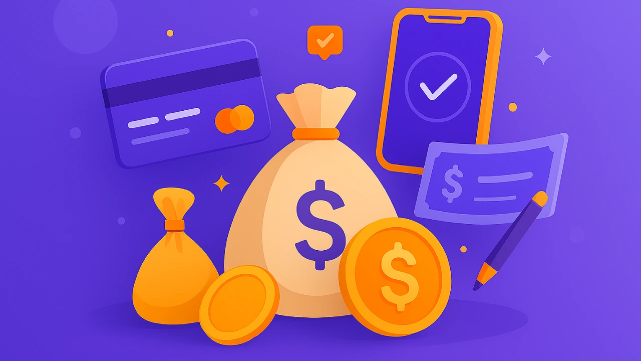 Illustration showing various sweepstakes casino banking methods, including a credit card, smartphone with a checkmark, money bags, coins, and a check with a pen, representing deposit and withdrawal options for U.S. players.