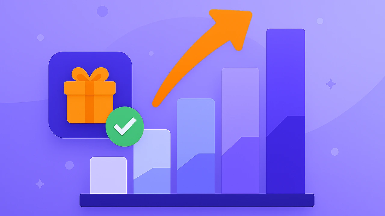 Illustration of an increasing bar chart with an orange arrow and a gift icon with a checkmark, representing different wagering requirement levels for online sweepstakes casino bonuses.