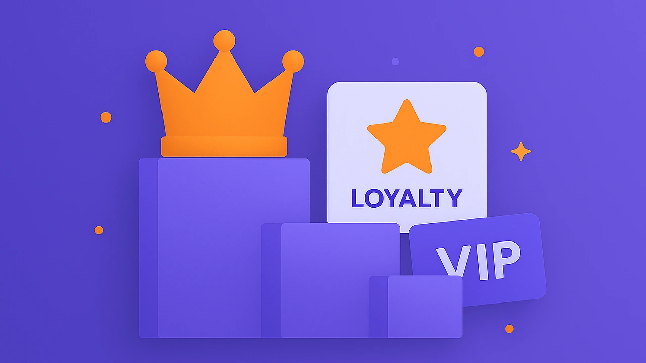Illustration of an orange crown on podium-style blocks next to cards labeled Loyalty and VIP, representing sweepstakes casino loyalty and VIP programs.