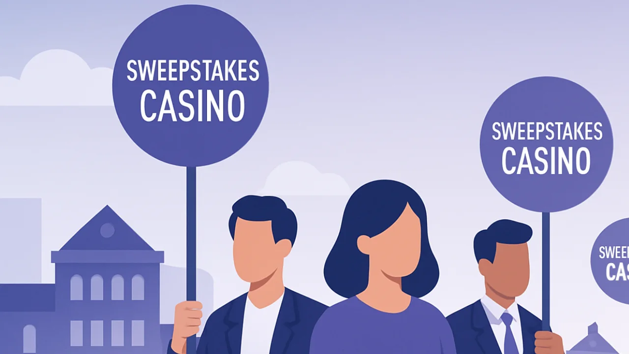 Illustration of three faceless people in business clothing holding signs that say Sweepstakes Casino against a cityscape background.