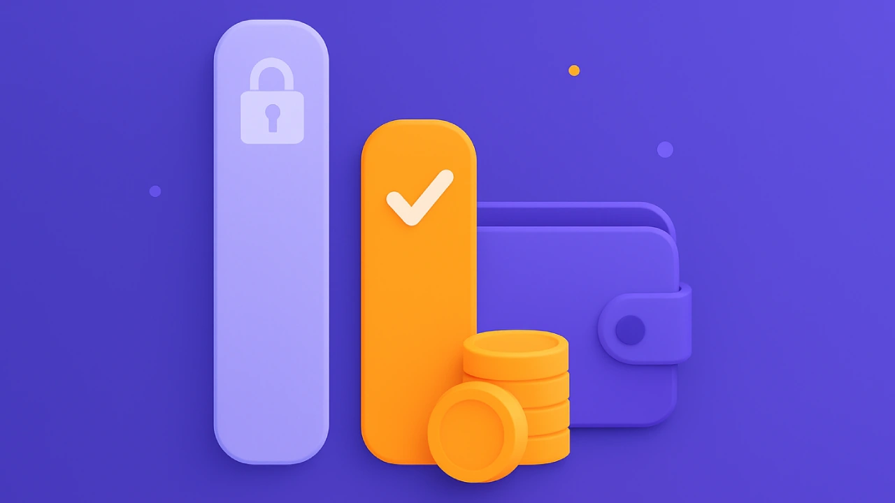 Illustration of a wallet and coin stacks beside two vertical bars with a lock and a checkmark, symbolizing sweepstakes casinos with low redemption thresholds.