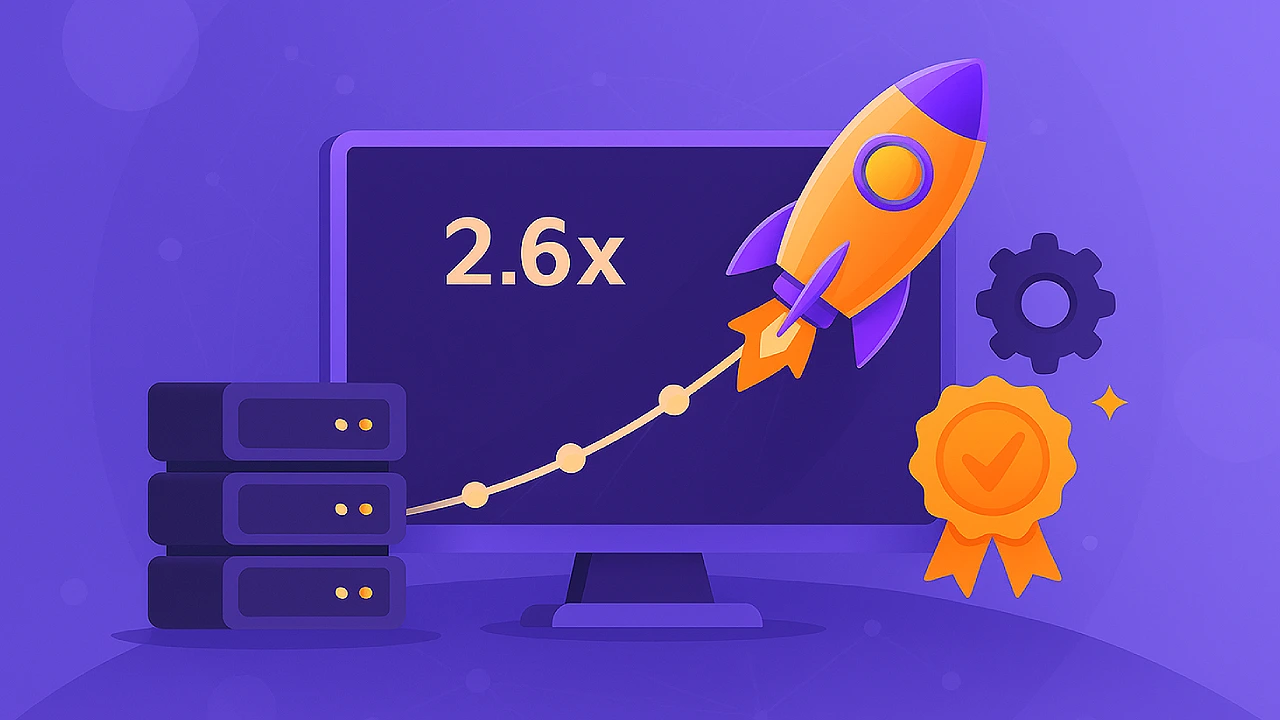 Illustration of a computer screen showing a rising crash-game style line labeled “2.6x,” with a rocket launching upward, server stacks on the side, and a settings cog and badge, symbolizing sweepstakes crash game software providers and performance.
