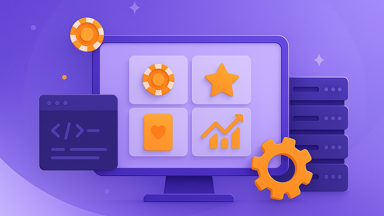 Illustration of a computer screen showing casino icons and a growth chart, with code window, server stacks, gear, and chips, representing sweepstakes casino software and backend tools.