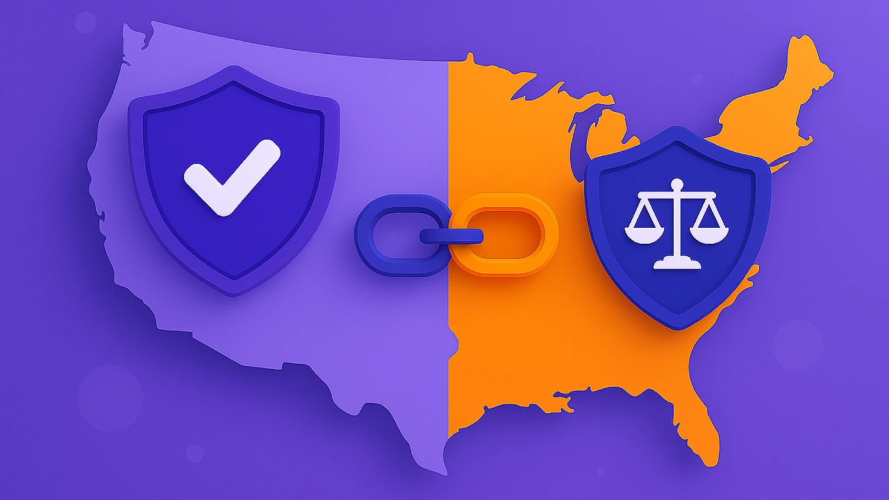 Illustration of a U.S. map split in two colors with linked shields showing a checkmark and legal scales, representing the difference between sweepstakes casino state availability and legality.