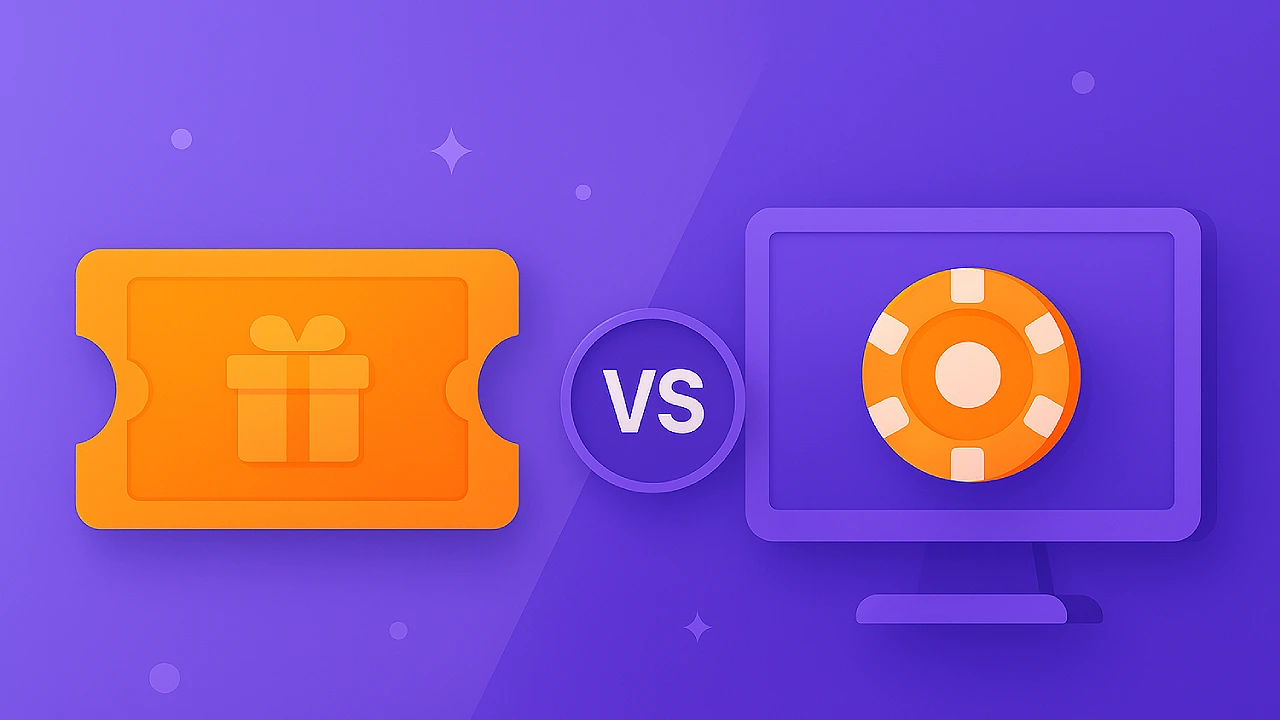 Illustration of a ticket with a gift icon versus a computer screen with a casino chip, representing sweepstakes gaming compared to traditional online gambling.