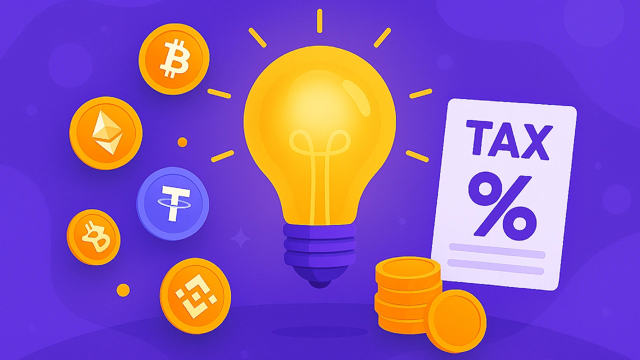 Illustration showing cryptocurrency coins (Bitcoin, Ethereum, Tether, Binance Coin) surrounding a glowing lightbulb, next to a tax document and gold coins, representing questions about taxes on crypto sweepstakes winnings.