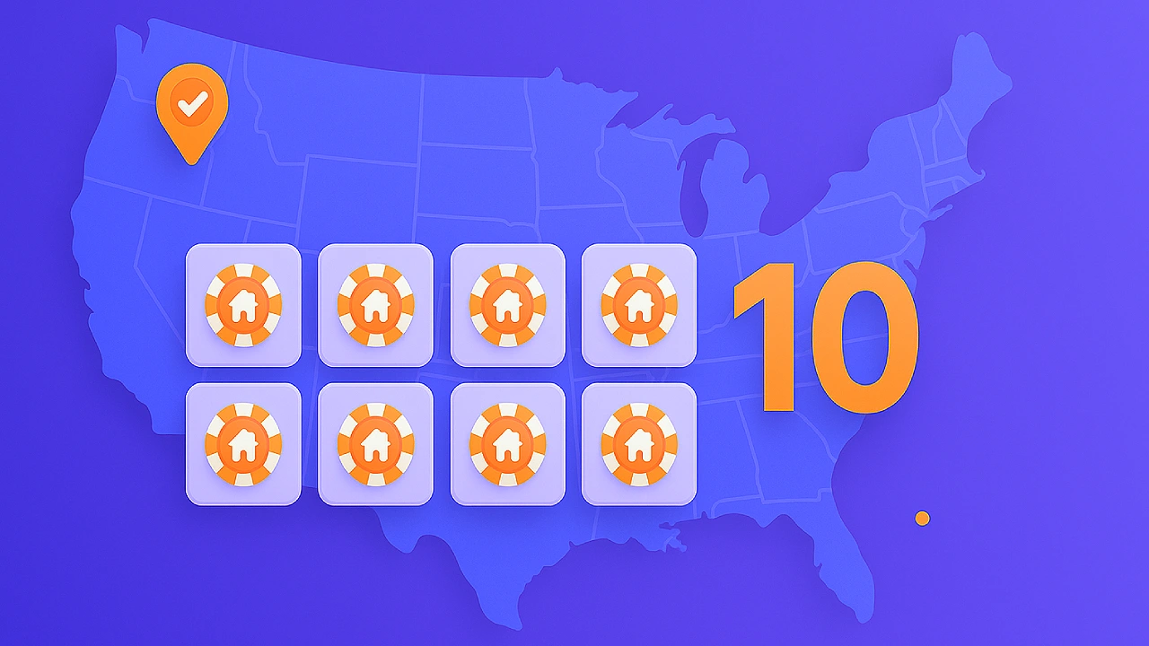 Illustration of a U.S. map with a checkmark location pin, eight casino chip icons, and the number 10, representing sweepstakes casinos available in many states.
