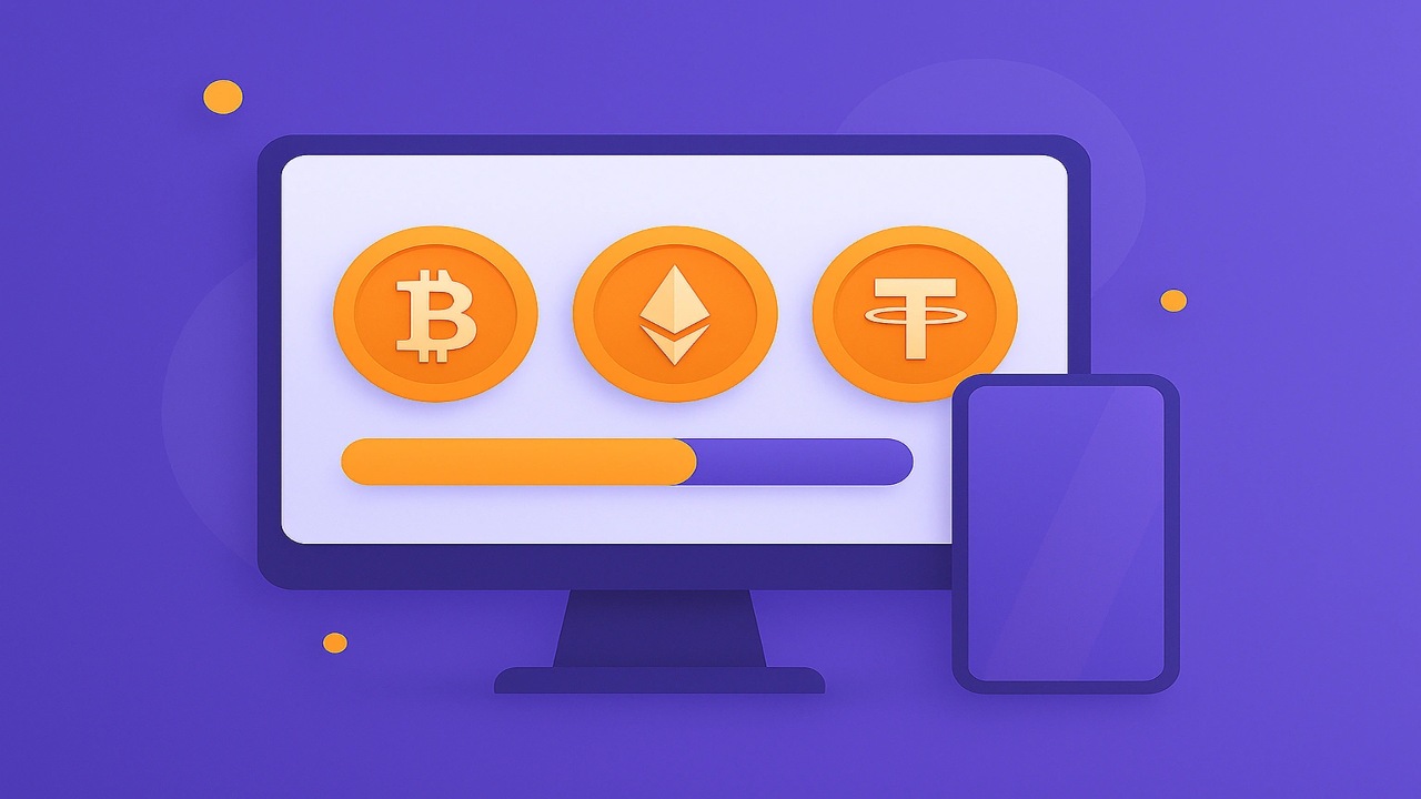 Illustration of a computer screen and smartphone displaying Bitcoin, Ethereum, and Tether coin icons with a progress bar, for a section about top crypto sweeps sites accepting BTC, ETH, USDT, and other cryptocurrencies.