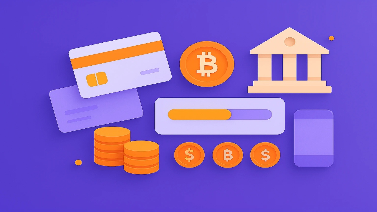 Illustration of credit cards, coins, a bitcoin symbol, a bank icon, and a smartphone representing sweepstakes casinos with many different payment options.