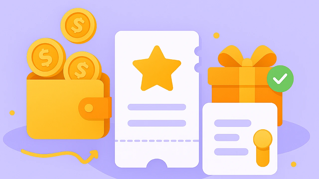 Illustration of a wallet filled with coins, a starred voucher, and a gift box with a checkmark, representing trusted bonus rankings, free coin deals, and vetted offers.