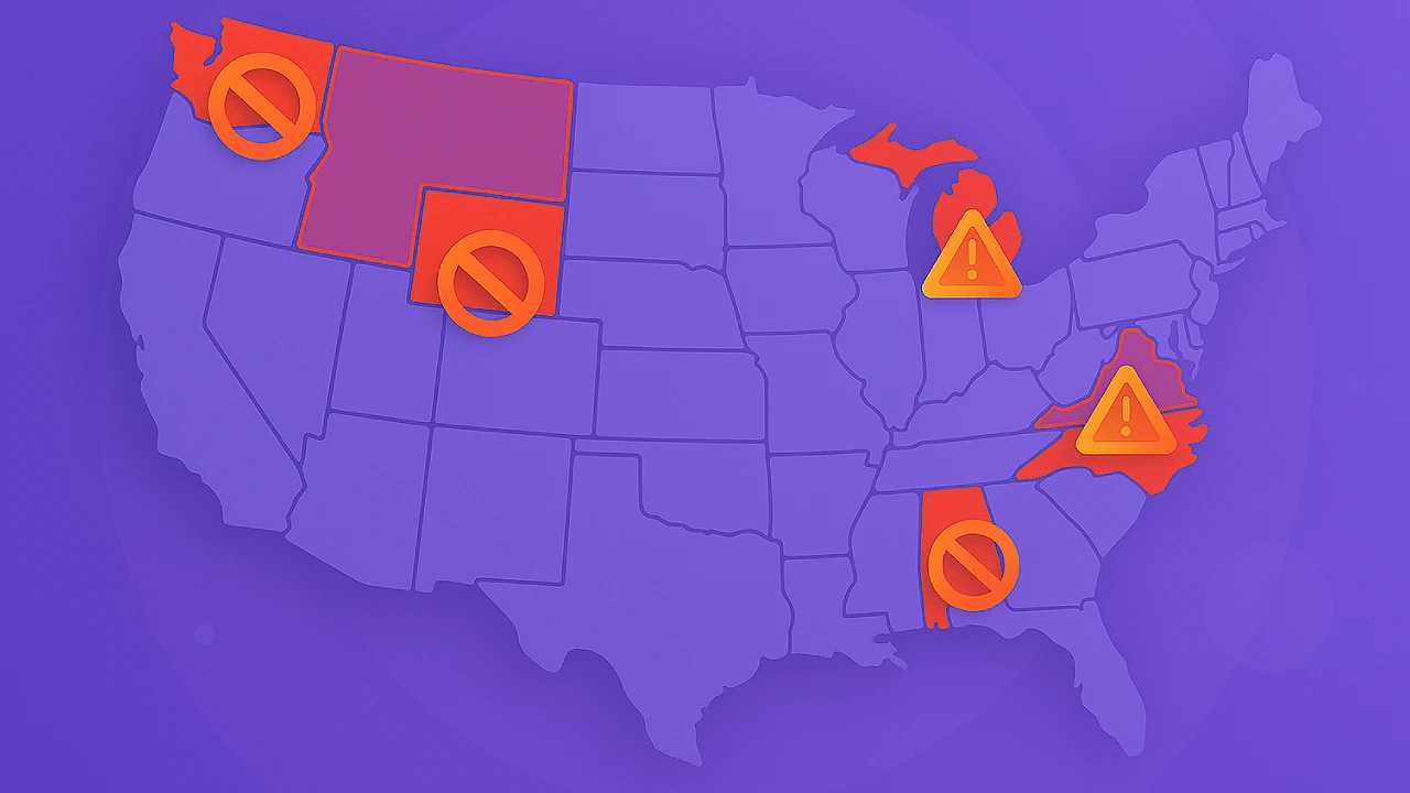 Map of the United States highlighting several states in red with ban and warning icons, showing where sweepstakes casino operators have been banned.
