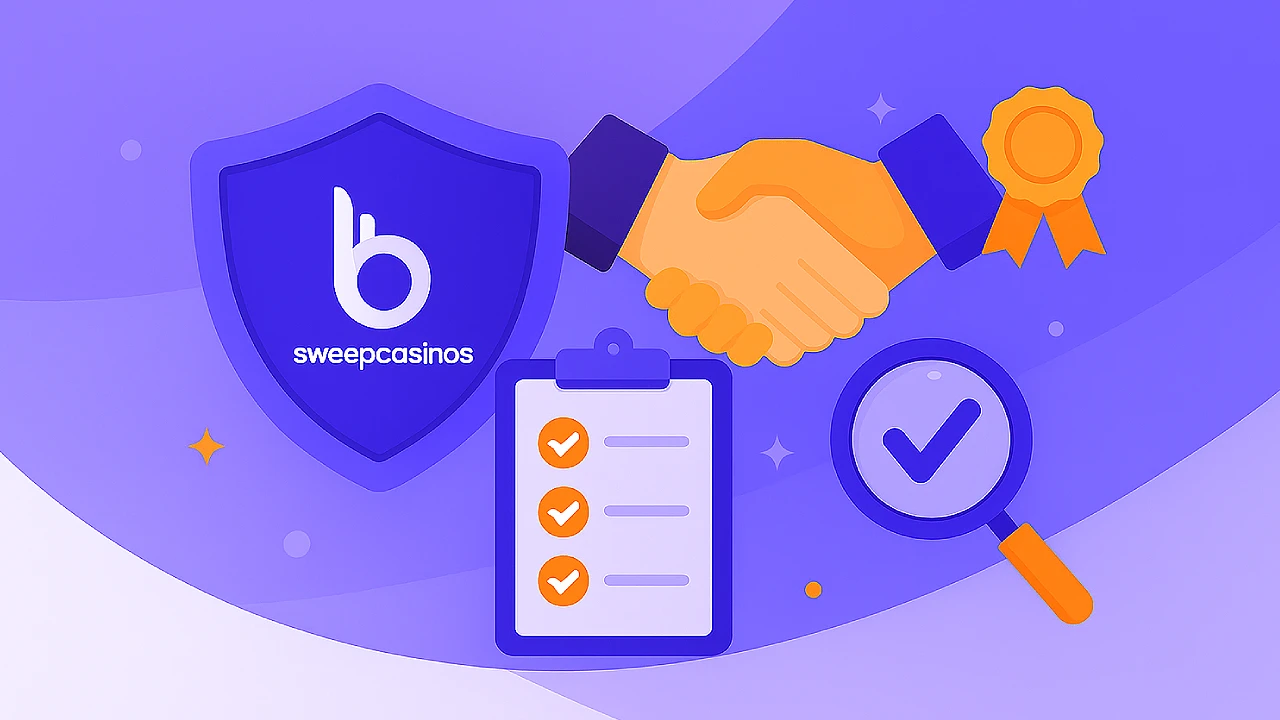Illustration of a SweepCasinos shield logo beside a handshake, checklist, magnifying glass, and ribbon badge, representing why players can trust SweepCasinos and its review work.