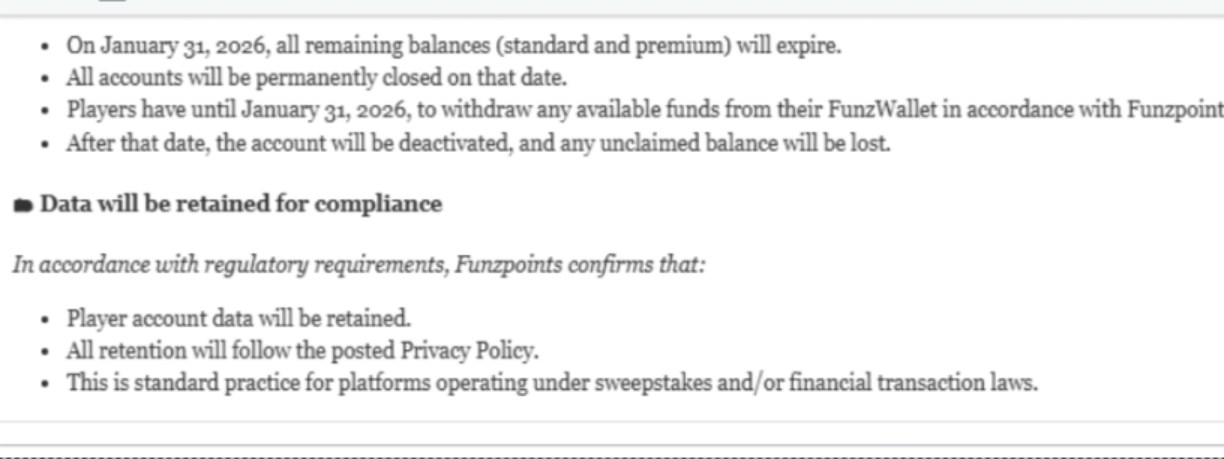 Screenshot of Funzpoints’ official announcement notifying California players that the platform will stop operating in the state, outlining restrictions on purchasing points, sweepstakes participation, and account closures starting in 2025–2026.