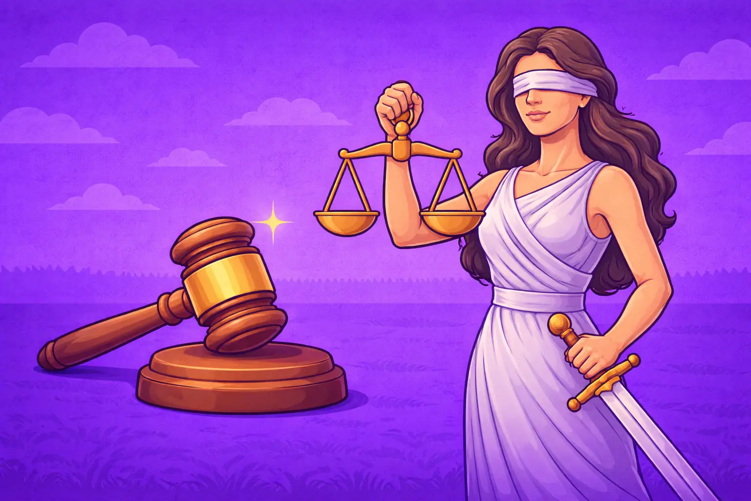 Digital illustration of Lady Justice in white robes holding golden scales next to a gavel on dark purple grass, depicting the legal framework for Michigan sweepstakes casino players.