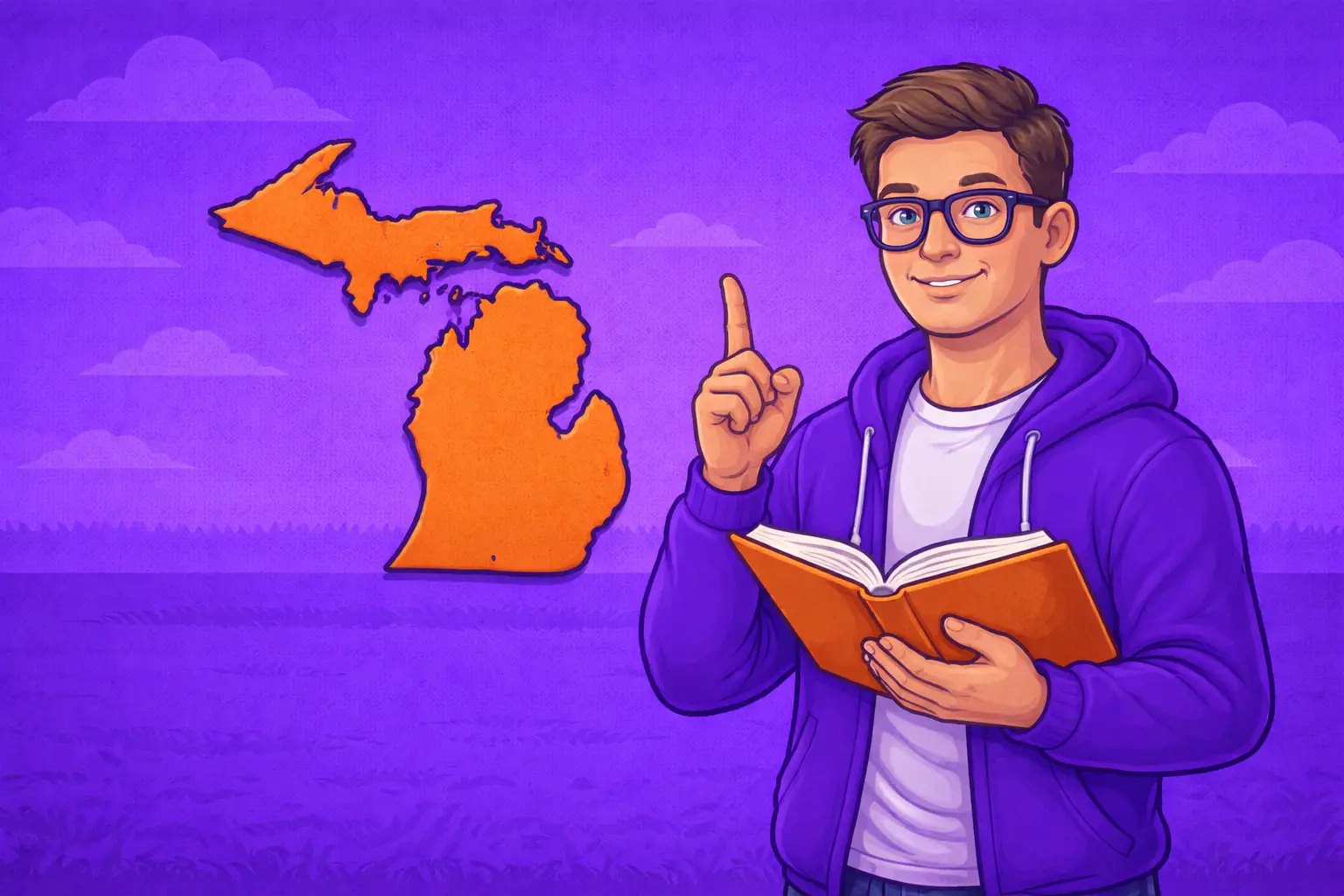 Purple flat-style scene showing a smiling player with glasses reading from a book beside the two-part Michigan map, symbolizing key facts for Michigan sweepstakes casinos.