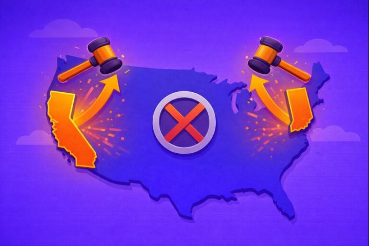 Illustration of a U.S. map highlighting Indiana and California with judge gavels striking down, symbolizing coordinated january 2026 enforcement actions targeting grey market sweepstakes casinos.