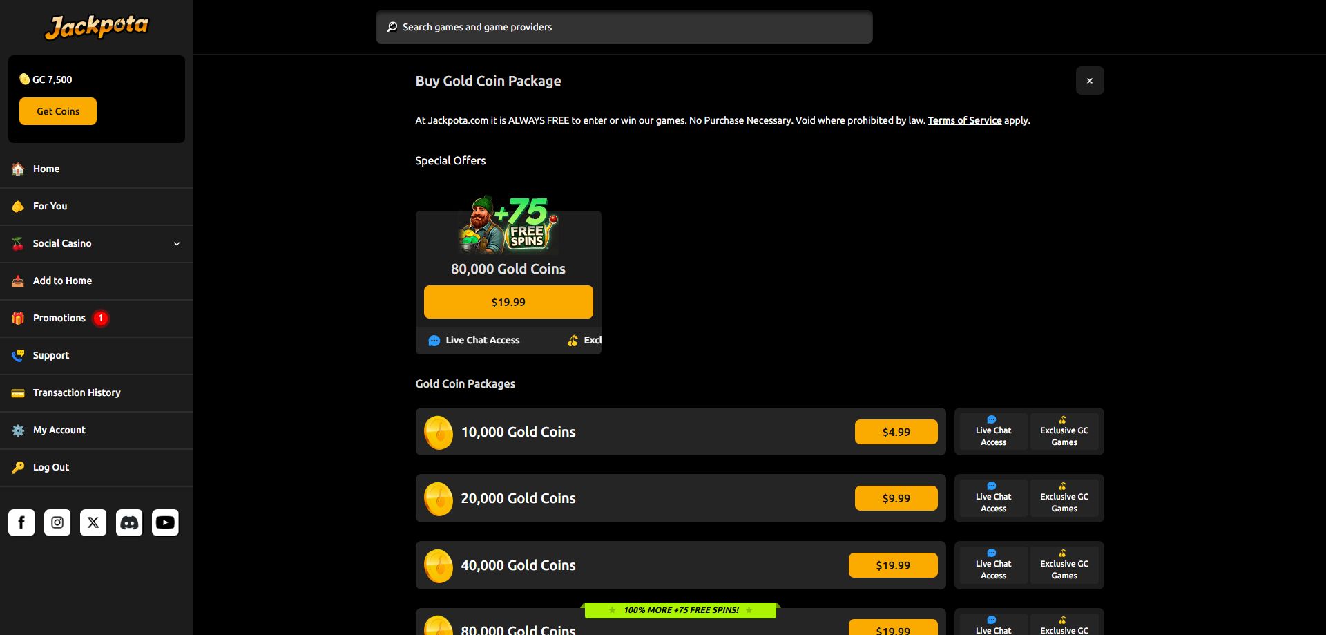 Screenshot of Jackpota Casino's coin store