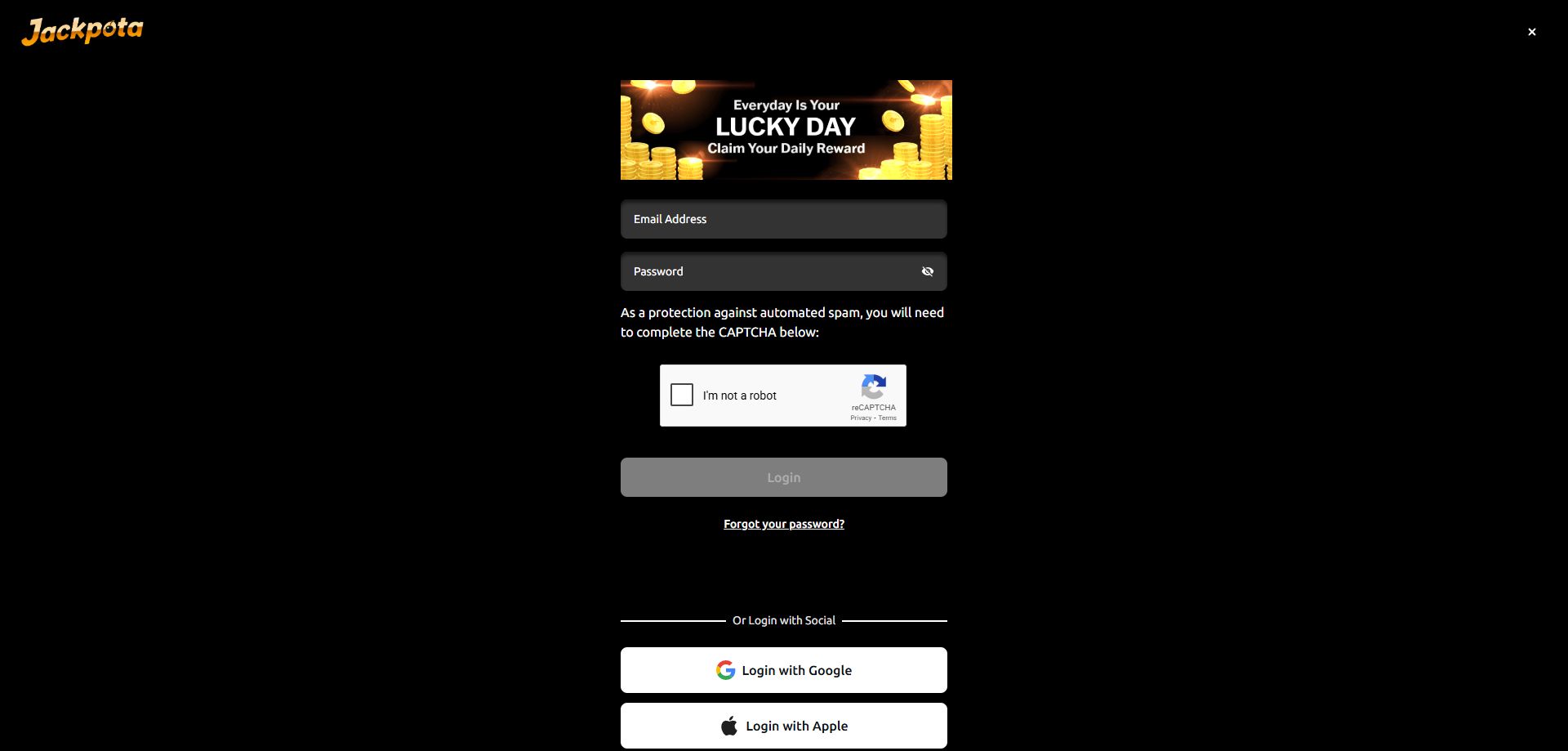 Screenshot of Jackpota Casino's login field