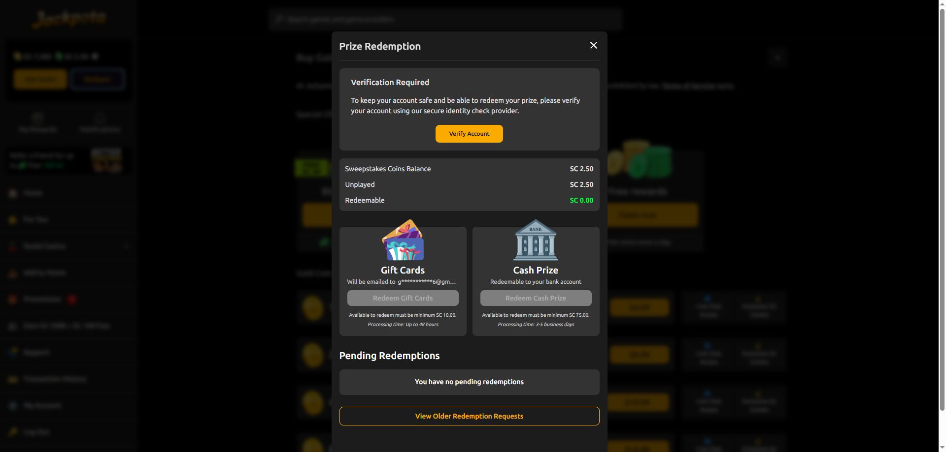 Screenshot of Jackpota Casino's redemption field