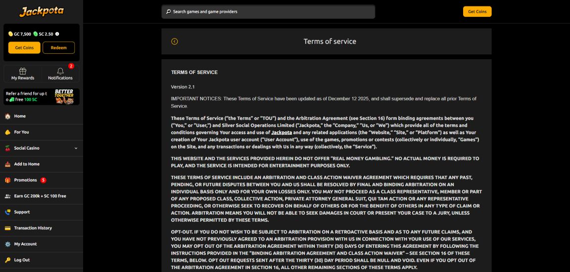 Screenshot of Jackpota Casino's terms & conditions page