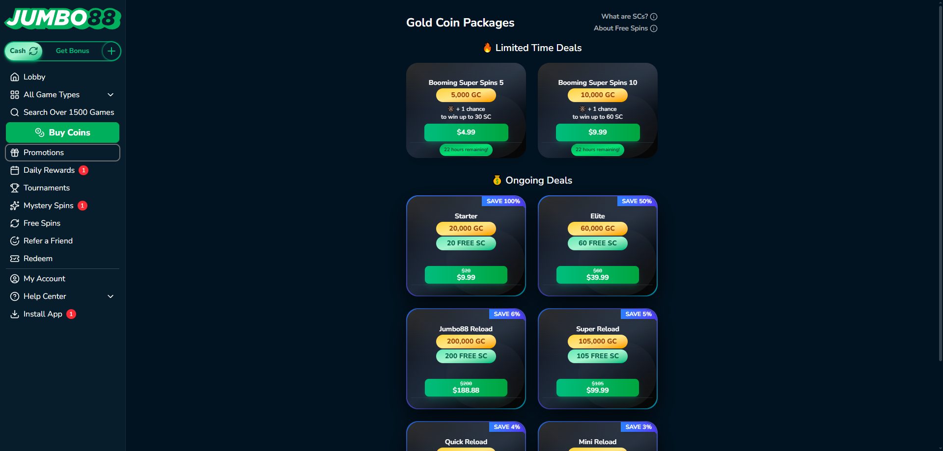 Screenshot of Jumbo88 Casino's promotions page
