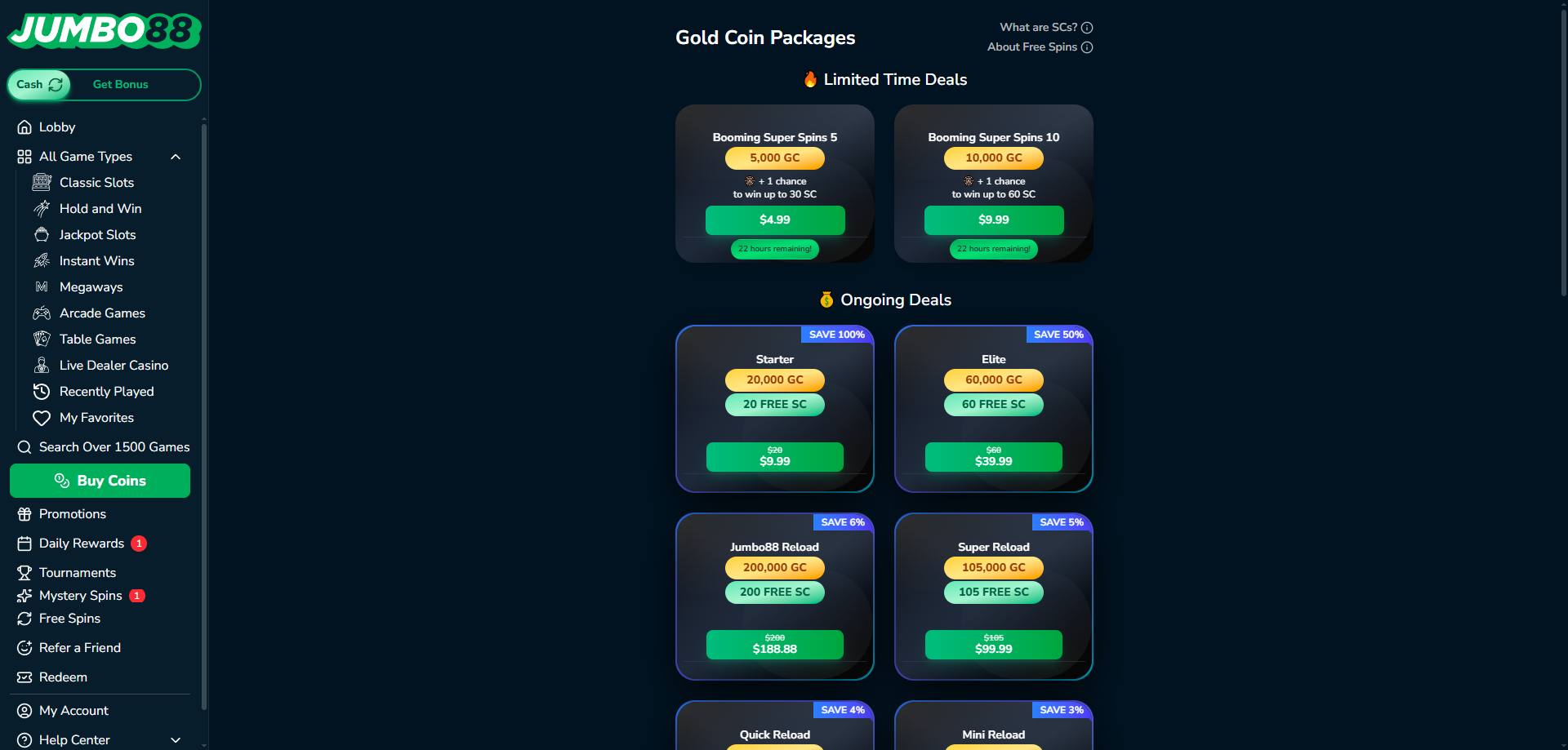 Screenshot of Jumbo88 Casino's coin store