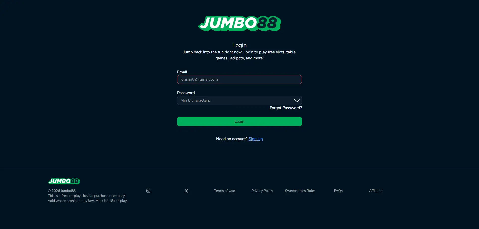 Screenshot of Jumbo88 Casino's login field