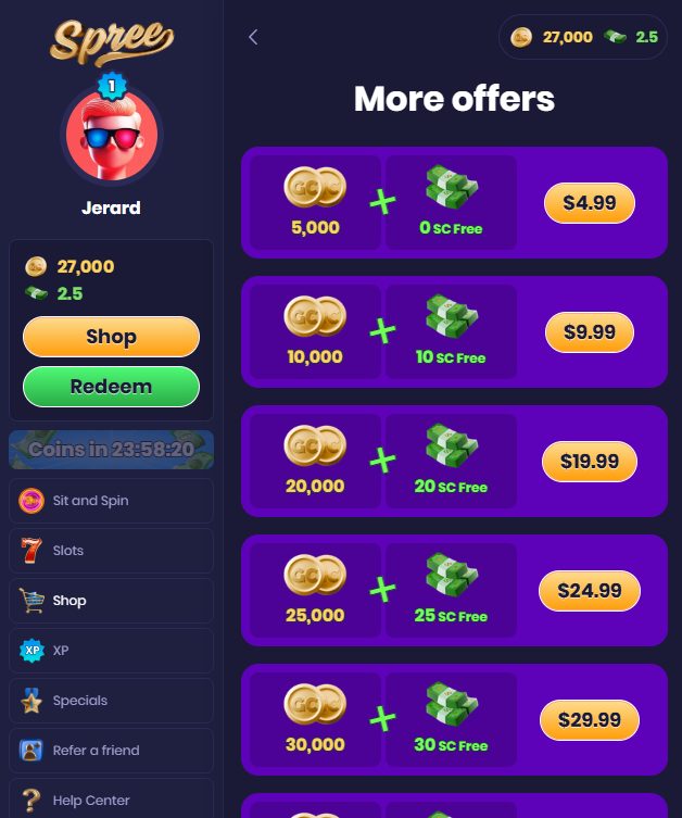 Screenshot of Spree Casino's shop