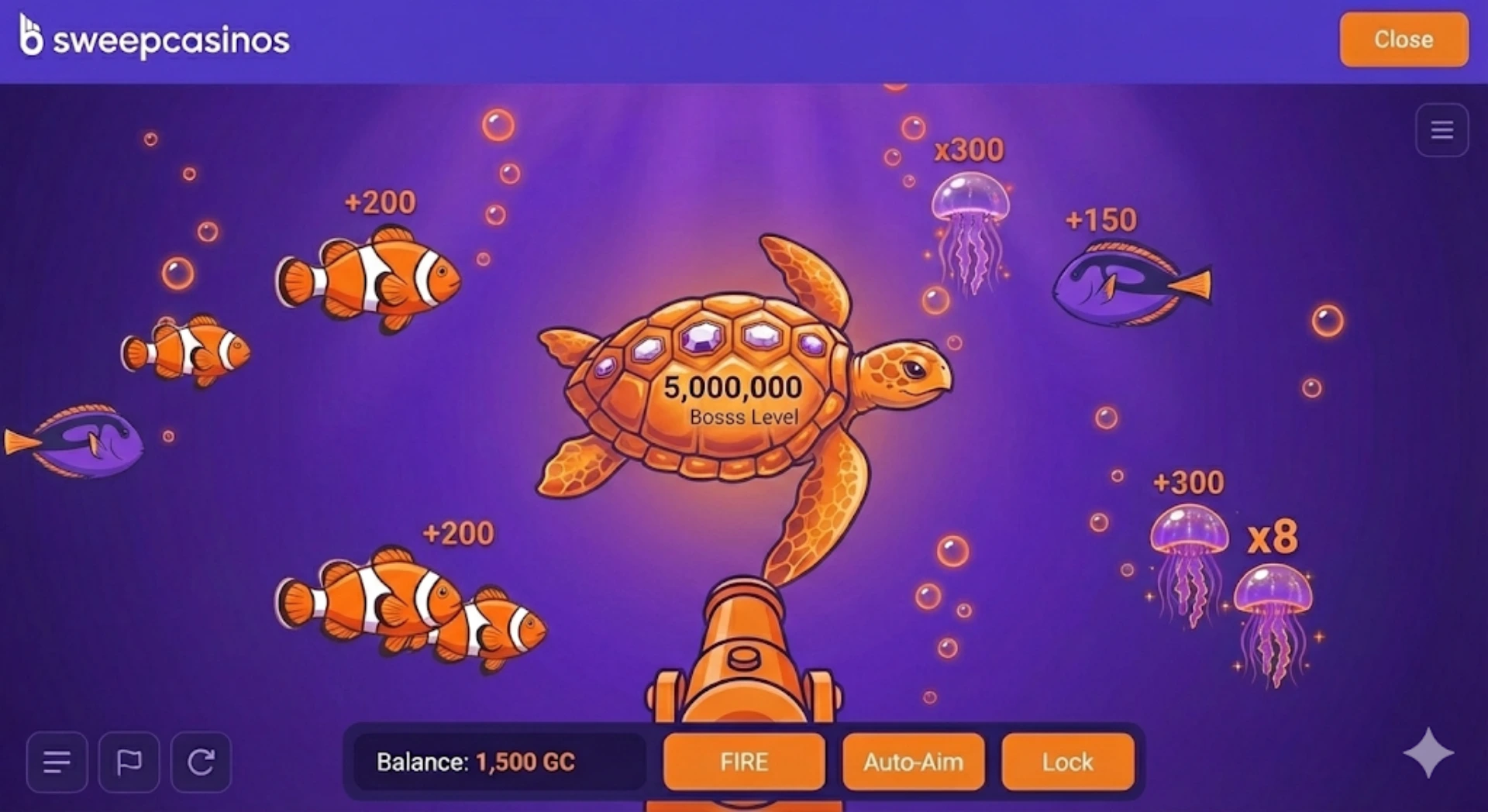 Sweepcasinos fish arcade shooter game featuring a massive 'Boss Level' Sea Turtle with a jeweled shell worth 5,000,000 points. The purple underwater interface displays targetable clownfish and jellyfish, along with player controls including an orange cannon and a 1,500 GC balance.