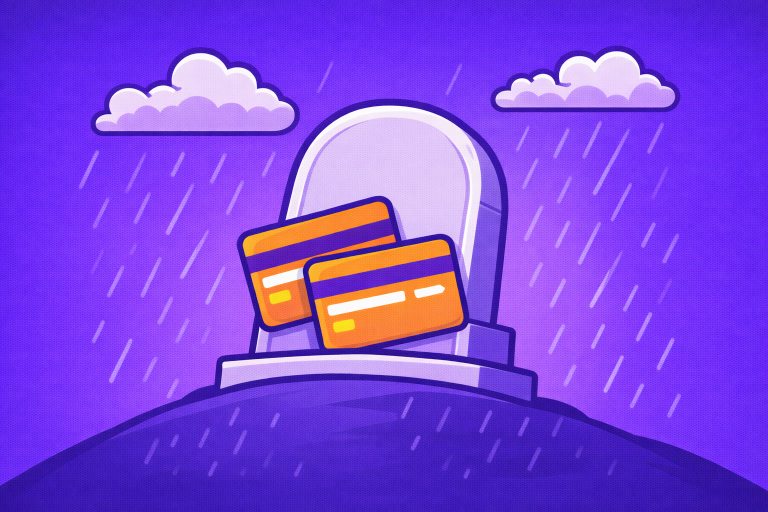 Tombstone on purple hill with two credit cards under rain showing outdated payment methods.