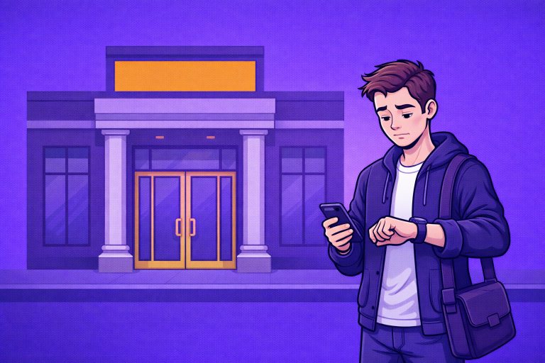 Illustration of a man outside the bank with blank sign panel, checking phone on purple background.