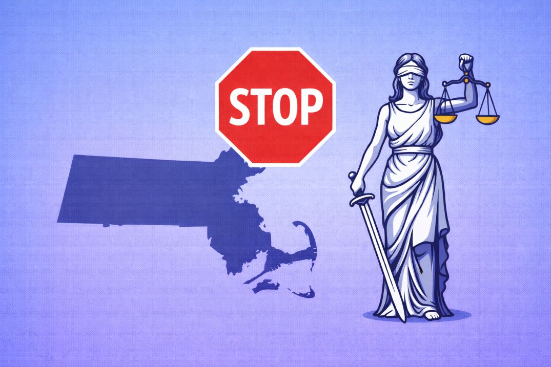 Flat-style image showing the Massachusetts map with a prominent stop symbol and Lady Justice in the foreground, symbolizing how state law limits sweepstakes casino activity.