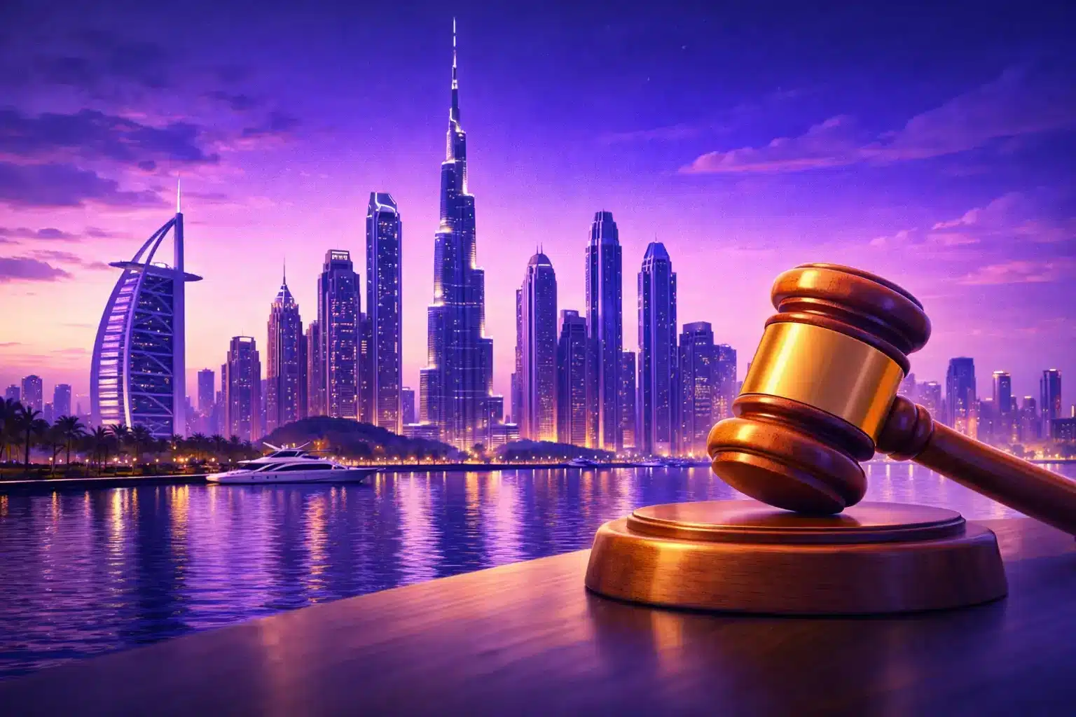 Gavel before Dubai skyline at sunset showing sweepstakes casino legal scrutiny at AIBC Eurasia 2026.